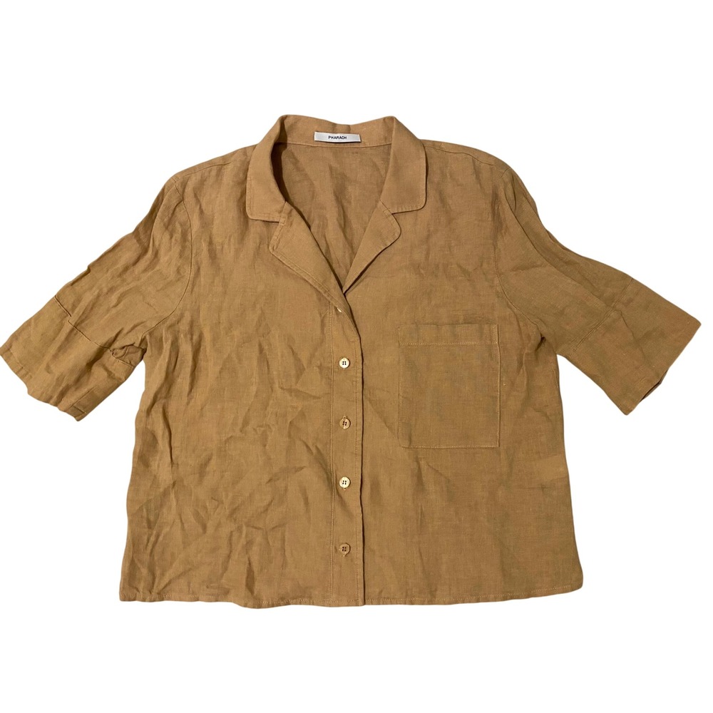 Pharaoh Linen Boxy Short Sleeve Button Up Top Women Size 3 Camel Beach Casual